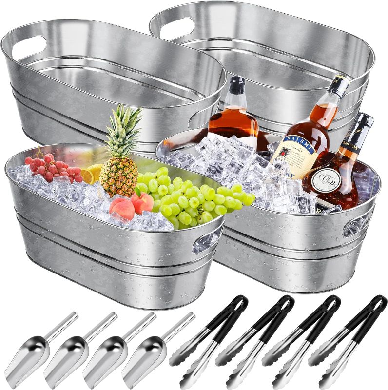 Photo 1 of 4 Pieces Galvanized Metal Drink Cooler Beverage Tubs Insulated Drink Tub with 4 Ice Scoop and 4 Stainless Steel Tongs 4 Gallons Beverage Ice Tubs
