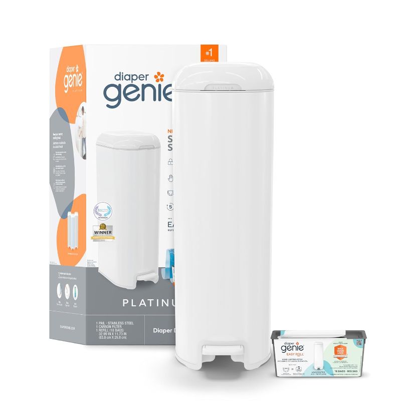 Photo 1 of **MINOR DAMAGE** Diaper Genie Platinum Pail (Lilly White) is Made of Durable Stainless Steel and Includes 1 Easy Roll Refill with 18 Bags That can Last up to 5 Months. *Base looks warped, doesn't close tight*