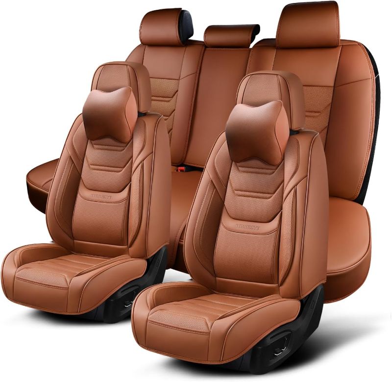 Photo 1 of TIEHESYT Car Seat Covers Full Set, Breathable Leather Automotive Front and Rear Seat Covers & Headrest for Reduce The Driving Fatigue, Compatible with Most Vehicles, Cars (Brown, Front Pair and Rear) Brown Front Pair and Rear