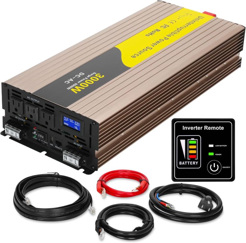 Photo 1 of 3000W Pure Sine Wave Inverter Charger, Auto Transfer Switch, Remote Control, DC 12V to 120V AC with LCD Display, LifePO4/ Lithium Battery Compatible, Ideal for Off-Grid & Emergency Power