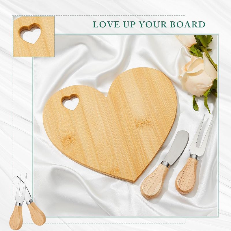 Photo 1 of (BUNDLE/ NO RETURNS OR REFUNDS) Patelai 4 Set Bridal Shower Party Favors Wooden Heart Shaped Cheese Board Cheese Knives Set Thank You