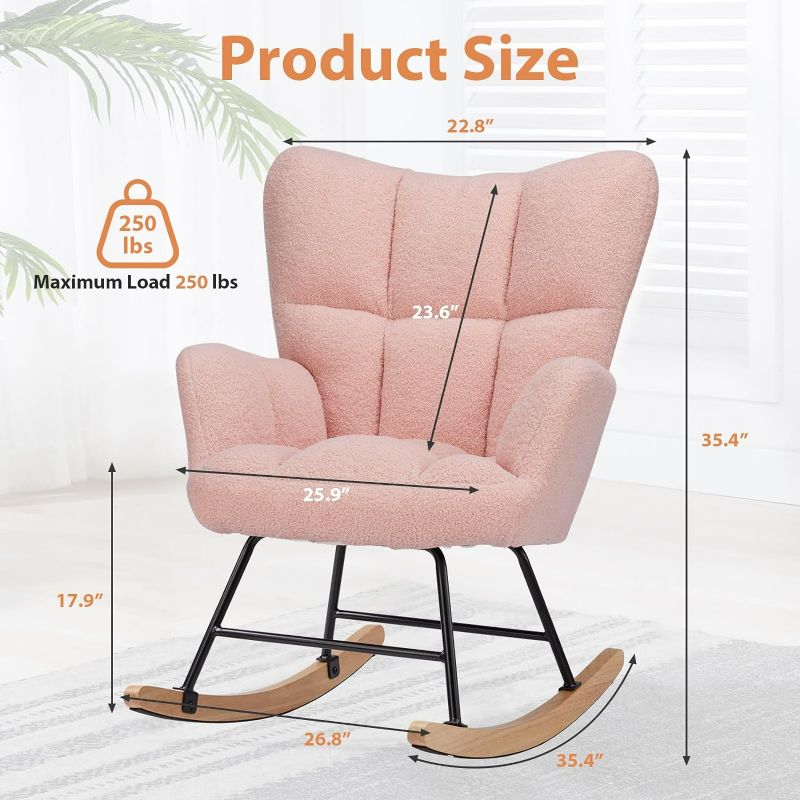 Photo 3 of (NON-REFUNDABLE) hansones Nursery Rocking Chair,Upholstered Glider Chair with High Backrest Armchair Chair for Living Room Bedroom Offices (Pink Teddy)