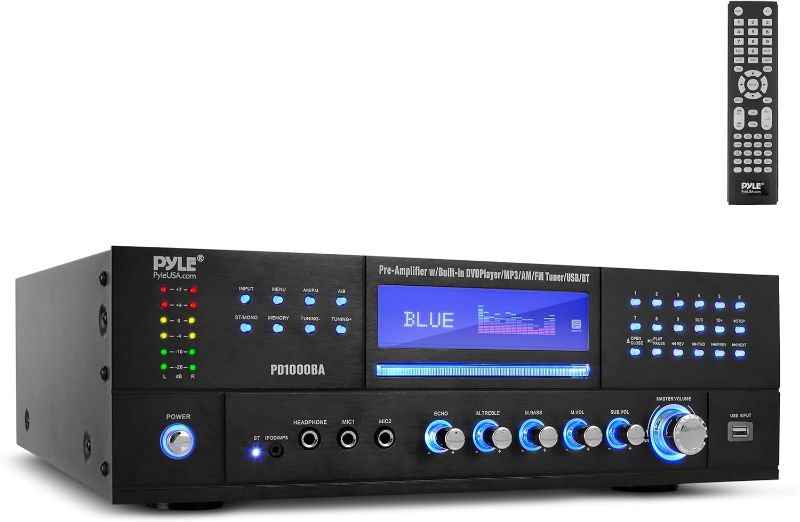 Photo 1 of Pyle 4-Channel Wireless Bluetooth Power Amplifier - 1000W Stereo Speaker Home Audio Receiver w/ FM Radio, USB, Headphone, 2 Microphone w/ Echo, Front Loading CD DVD Player, LED, Rack Mount - PD1000BA
