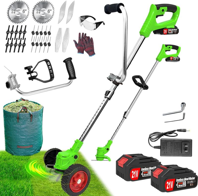 Photo 1 of (SIMILAR TO STOCK PHOTO) Electric Weed Wacker Eater Cordless, Weed Trimmer Battery Powered with 2 21V/2.0Ah Battery Operated & Charger & 5 Types Blades & Wheels, No-String Grass Trimmer/Lawn Edger/Brush Cutter for Garden Yard
