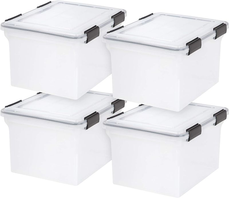 Photo 1 of **MISSING PIECES** IRIS USA File Box WeatherPro File Organizer Plastic File Box for Letter/Legal File, Water Resistant Document Box, Durable Lid, Seal w/ Secure Latching Buckles, Stackable, Nestable, Clear 32 Qt. 4Pack *Missing 2 lids and 1 black handle p