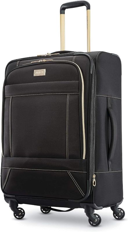 Photo 1 of ***USED - TORN - NO PACKAGING - SEE PICTURES***
American Tourister Belle Voyage Softside Luggage with Spinner Wheels, Black, Checked-Medium 25-Inch
