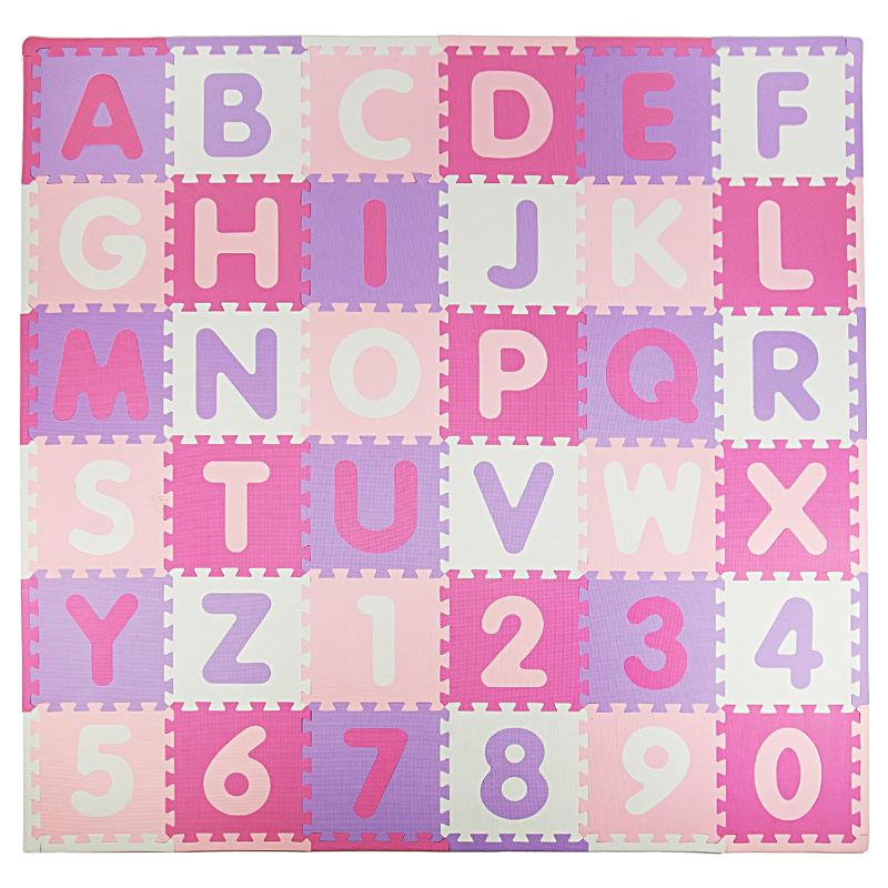 Photo 1 of **READ NOTES**Foam Playmats for Kids, 36 Interlocking Tiles Teach the ABCs and Numbers 0-9, For Ages 3 and Up, Colors: Pink/Purple, 36 Count (Pack of 1) PURPLE/PINK/BLUE 