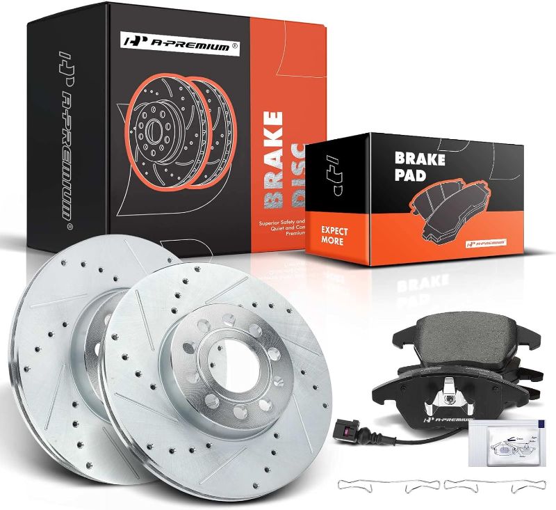 Photo 1 of A-Premium 11.34 inch(288 mm) Front Drilled and Slotted Disc Brake Rotors+Ceramic Pads Kit Compatible with Select Audi and Volkswagen Models - A3, A3 Quattro, Beetle, EOS, Golf, For Jetta, Rabbit