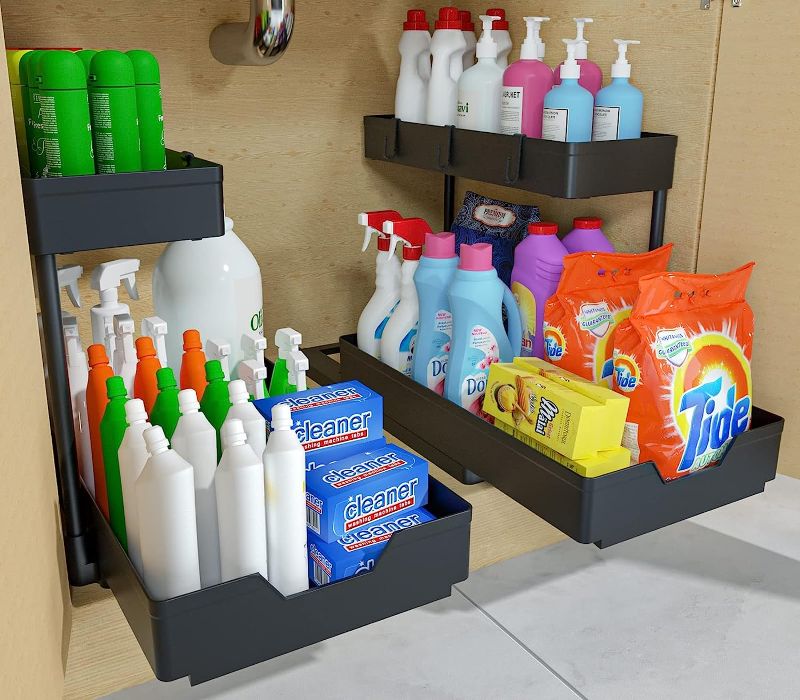 Photo 1 of 2-Tier Under Sink Organizers, 2 Pack Sliding L-shape Cabinet Organizers Narrow Space Storage Multi-purpose Sink Organizer for Bathroom Kitchen Drawer(Black 2 )