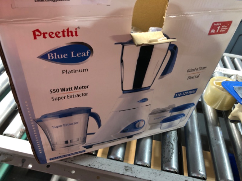 Photo 3 of ****NON REFUNDABLE NO RETURNS SOLD AS IS***PARTS ONLY**
Preethi Blue Leaf Platinum 3-Jar Mixer Grinder, 550-Watt, Stainless Steel