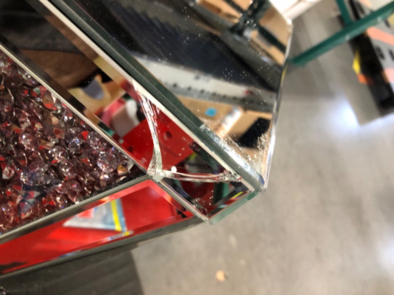 Photo 4 of ***DAMAGED - CRACKED IN NUMEROUS PLACES - SEE PICTURES***
Silver Mirrored End Table, Crystal Inlay Side Table Accent Table, Small Mirrored Coffee Table for Living Room, Bedroom, Corner, 22" H Glam