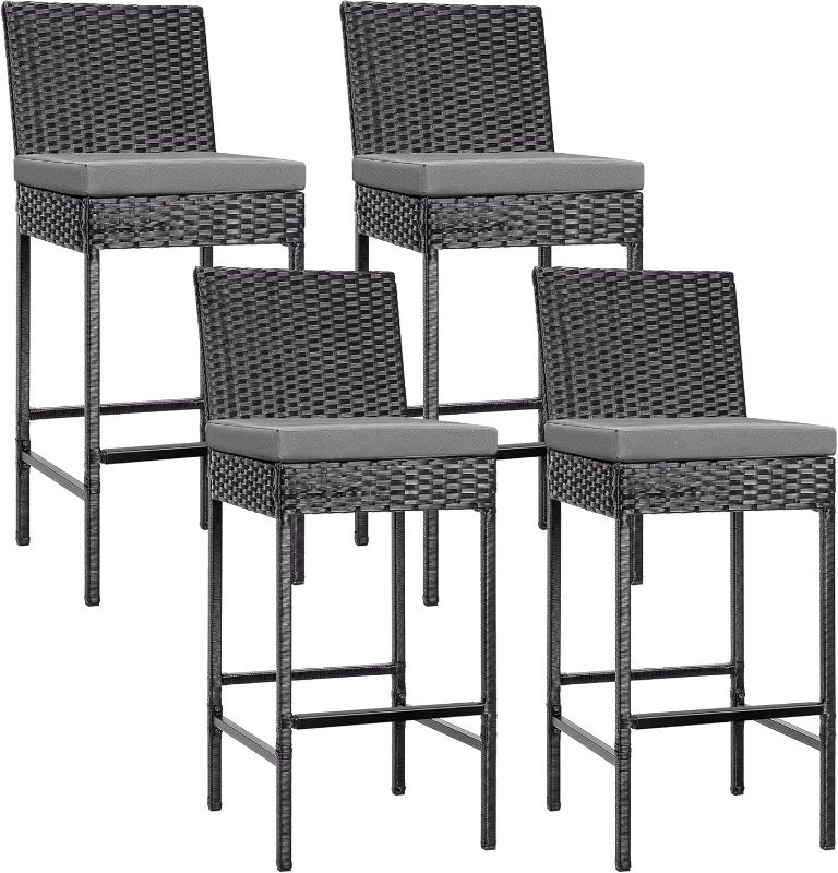 Photo 1 of **MISSING HARDWARE**
VIVOHOME Outdoor Wicker Barstool 4 Packs, Bar Chairs PE Rattan Materail, Patio Stools with Cushions, Black