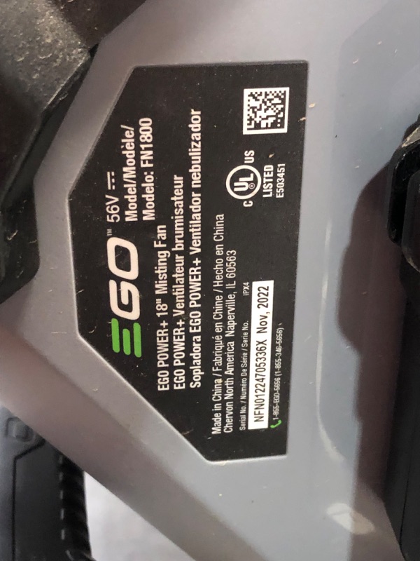 Photo 5 of ***USED AND DIRTY - MISSING BATTERY AND NOZZLES - UNABLE TO TEST***
EGO Power+ FN1800 18-Inch 5 Speed 20MPH Portable Misting Fan, Battery and Charger Not Included, Black EGO 18" Misting Fan Bare Tool