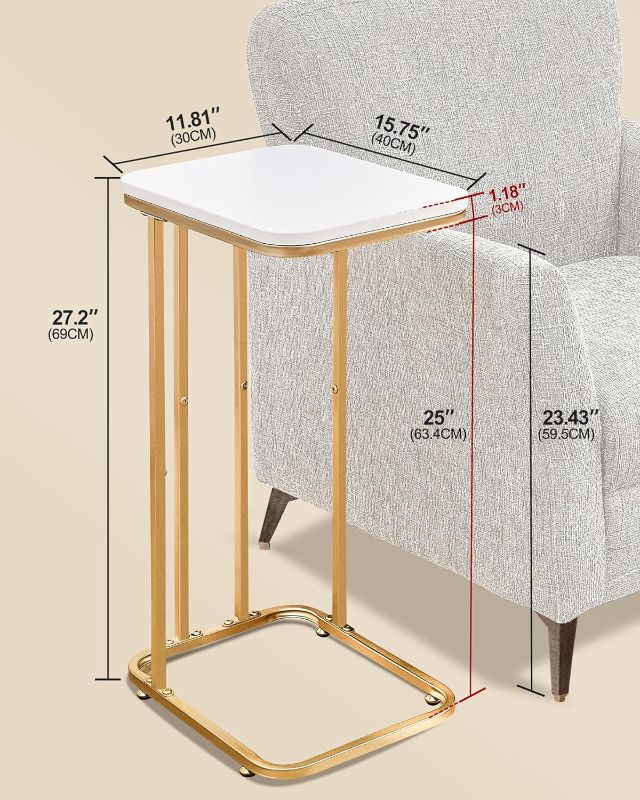 Photo 4 of (READ FULL POST) C Shaped End Table, 27 inches High Side Table for Couch Sofa Bed, Small Tv Tray, for Living Room, Bedroom, Metal Frame, Gold & White 1 Gold