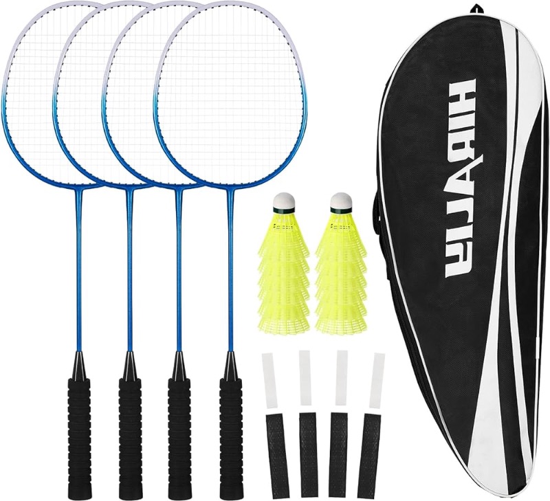 Photo 1 of (MINOR DAMAGE/ SEE NOTES) 
HIRALIY Badminton Rackets Set of 4 for Outdoor Backyard Games, Including 4 Rackets, 12 Nylon Shuttlecocks, 4 Replacement Grip Tapes and 1 Carrying Bag