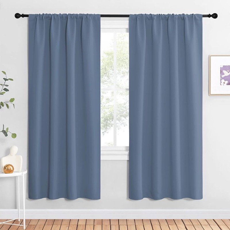 Photo 1 of NICETOWN Stone Blue Blackout Curtains for Living Room - Triple Weave Home Decoration Thermal Insulated Solid Rod Pocket Blackout Drapes for Bedroom(Set of 2, 42 x 72 Inch)