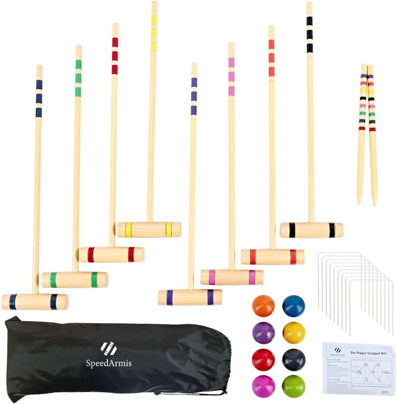 Photo 1 of (PARTS ONLY/ NO RETURNS OR REFUNDS) Croquet Party Set for 8 Players - Made of Long-Lasting Pine Wood, Family Fun for Backyards, Camping and More, Comes with Colorful Mallets, PE Balls, Wickets, Stakes, and Carrying Bag