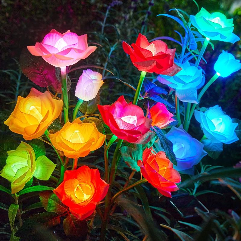 Photo 1 of  Solar Garden Lights Outdoor Decorative, 3 Pack Solar Garden Lights with 15 Rose Flowers, Multi-Color Changing LED Waterproof Solar Powered Garden Decor for Patio Yard Pathway Decoration