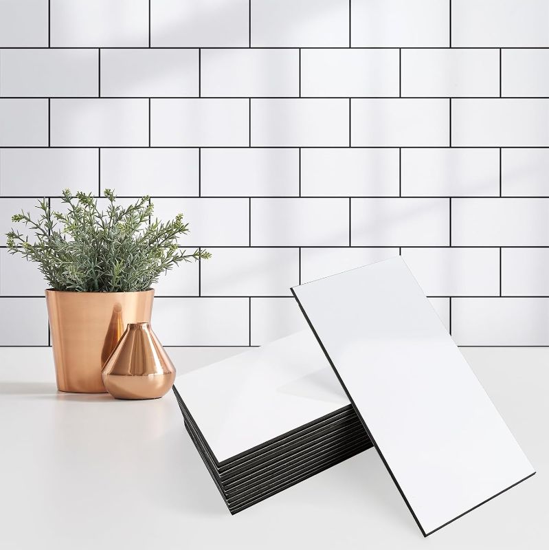 Photo 1 of 100 Pieces Peel and Stick Backsplash for Kitchen, 3" x 6" PVC Subway Tile 2024 Upgraded Glossy White with Dark Gray Grout Backsplash Stick on Tile Elevate Kitchen, Bathroom, Fireplace,RV
