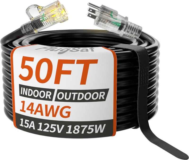 Photo 1 of 14/3 Gauge Black Outdoor Extension Cord 50 ft Waterproof with Lighted Indicator, Cold Weatherproof -40°C, Flexible 3 Prong Extension Cord Outside,15A 1875W 14AWG SJTW, ETL Listed
