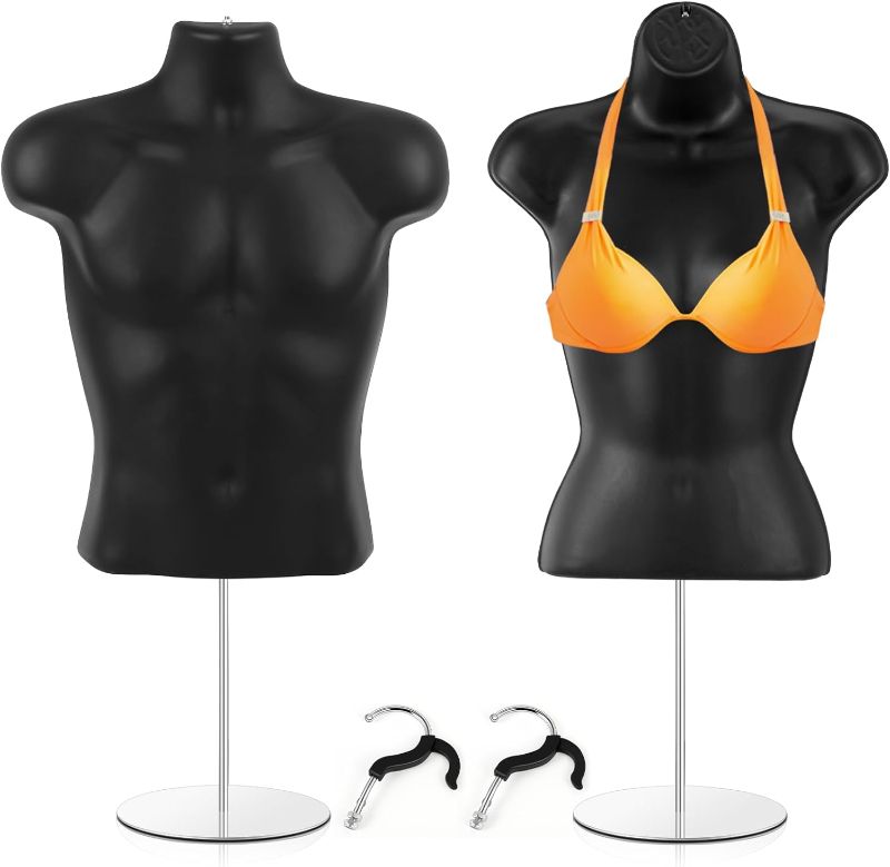 Photo 1 of 2 Pcs Male and Female Mannequin Torso with Stand Black Dress Form Mannequin Hollow Back Body Torso Set Half Body T Shirt Display for Craft Show Counter Top Photo Design, S-Medium Clothes Size
