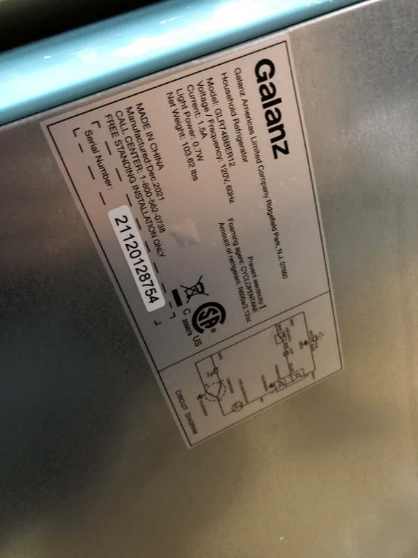 Photo 1 of Galanz GLR74BBER12 Retro Refrigerator with Bottom Mount Freezer Frost Free, Dual Door Fridge, Adjustable Electrical Thermostat Control, 7.4 Cu Ft, Blue Blue 7.4 cu ft Refrigerator