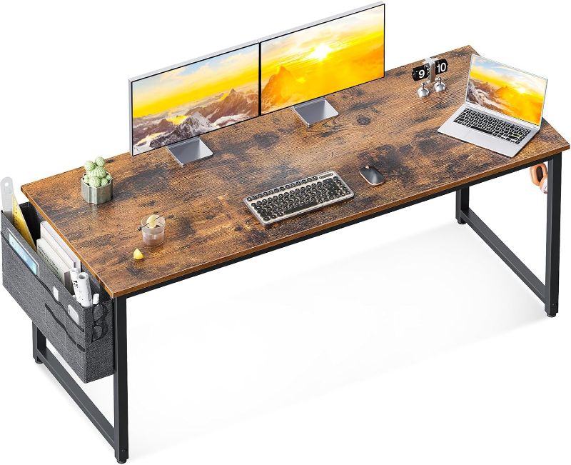 Photo 1 of ODK Computer Desk Large Office Desk, 63 Inch Gaming Desk with Storage, Modern PC Desk Work Table with Headphone Hook for Home Office, Rustic Brown