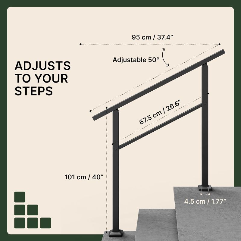 Photo 1 of ***STOCK PHOTO FOR REFERENCE ONLY***
Hand Rails for Outdoor Steps,3 Step Stair Handrail & Indoor Stair Railing Kit?Black Railings for Outdoor Steps and Hand Rails for Seniors for Porch Railing & Deck Hand Rail(1-3 Step)