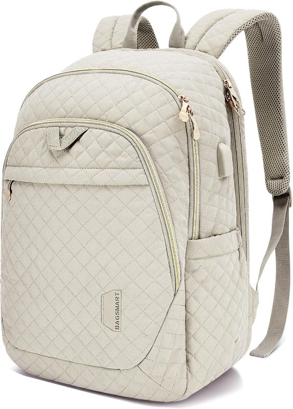 Photo 1 of BAGSMART Travel Laptop Backpack Women, 15.6 Inch Anti Theft Laptop Backpack with USB Charging Port, Casual Daypack College Bookbag Computer Backpack for Work, Quilted Beige