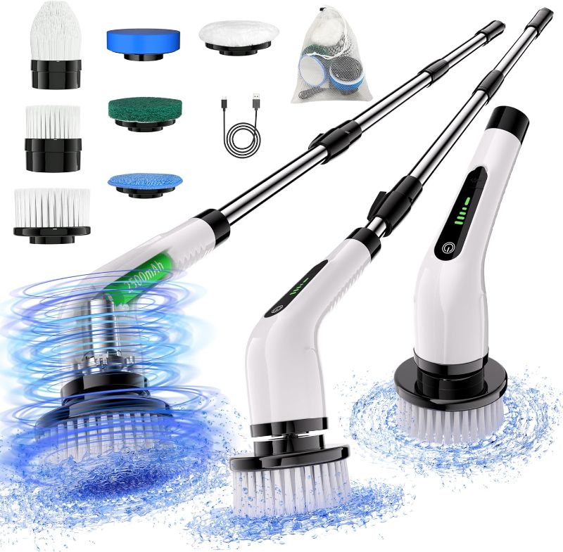 Photo 1 of Electric Spin Scrubber Cordless Full Body Waterproof Cleaning Brush with Displaying Battery Level, 7 Replaceable Heads, Dual Speed, and Detachable Telescopic Handle