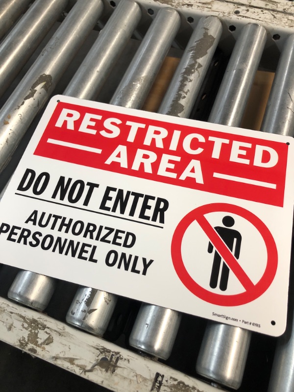 Photo 3 of SmartSign 10 x 14 inch “Restricted Area - Do Not Enter, Authorized Personnel Only” OSHA Metal Sign, 40 mil Laminated Rustproof Aluminum, Red, Black and White