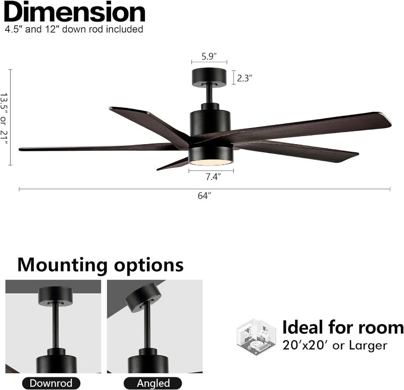 Photo 4 of (NON-REFUNDABLE) WINGBO 64 Inch DC Ceiling Fan with Lights and Remote Control, 5 Reversible Carved Wood Blades, 6-Speed Noiseless DC Motor, Modern Ceiling Fan in Matte Black Finish with Walnut Blades, ETL Listed
