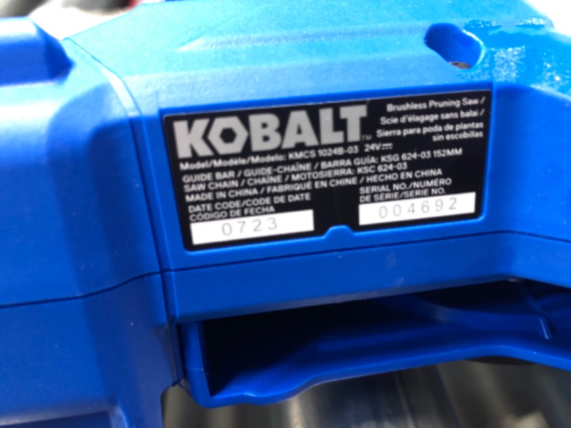 Photo 5 of ***USED - BATTERY NOT INCLUDED - UNABLE TO TEST***
KMCS 1024B-03 Kobalt 24-volt 6-in Brushless Battery Chainsaw