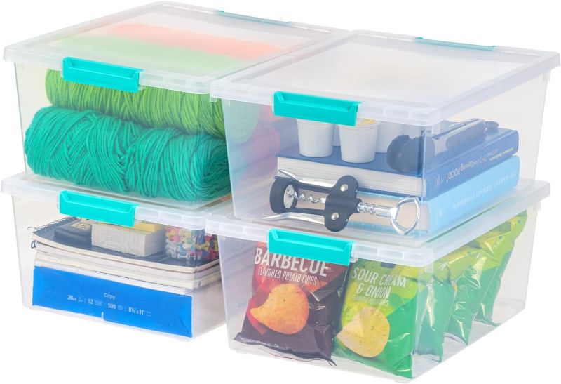 Photo 1 of IRIS USA 12 Qt. Large Deep Clip Box, 4 Pack, Clear Plastic Storage Container Bins with Latching Lids, Organizer Solution for Home, Office and Classroom, Stackable Nestable, Seafoam Blue Buckles Clear/Seafoam Blue 12 QT - 4 Pack