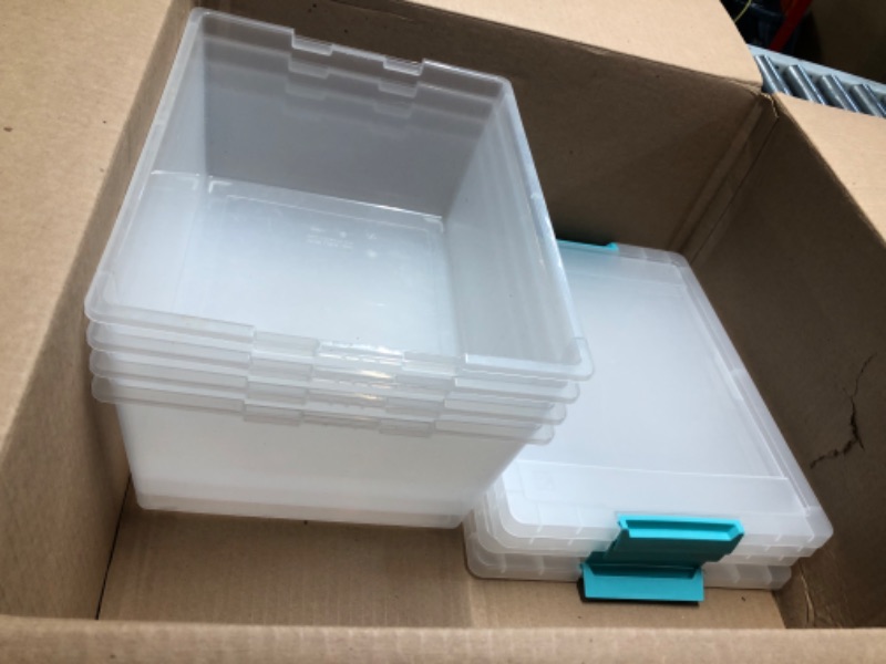 Photo 2 of IRIS USA 12 Qt. Large Deep Clip Box, 4 Pack, Clear Plastic Storage Container Bins with Latching Lids, Organizer Solution for Home, Office and Classroom, Stackable Nestable, Seafoam Blue Buckles Clear/Seafoam Blue 12 QT - 4 Pack