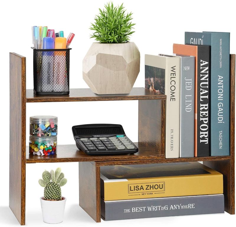 Photo 1 of Expandable Wood Desktop Bookshelf Desktop Organizer Office Storage Rack Wood Display Shelf, Counter Storage Rack Top Bookcase - Freestyle Display Natural Stand Office Supplies Desk Organizer