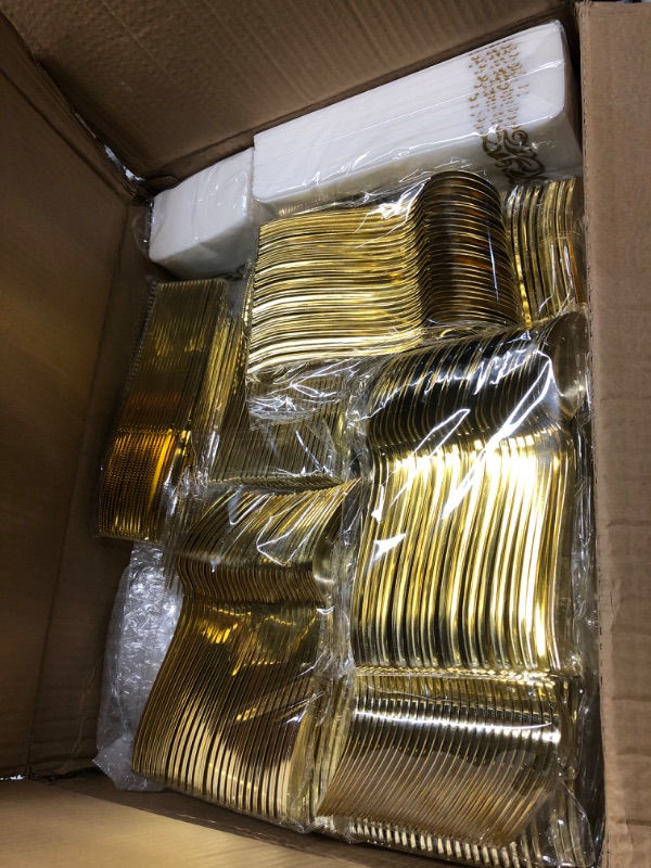 Photo 2 of 700 Piece Gold Dinnerware Set for 100 Guests, Plastic Plates Disposable for Party, Include: 100 Gold Rim Dinner Plates, 100 Dessert Plates, 100 Paper Napkins, 100 Cups, 100 Gold Plastic Silverware Set