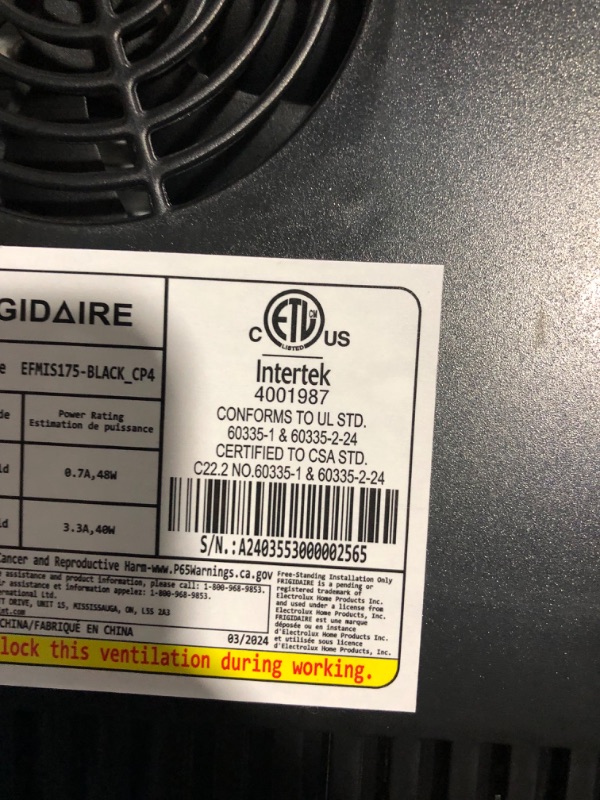 Photo 5 of [NONREFUNDABLE, FOR PARTS/ READ NOTES]
Frigidaire EFMIS175 Retro 9-Can Mini Personal Fridge Portable Cooler for Car, Office, Bedroom, Dorm Room, or Cabin, 11.8"D x 7.1"W x 10.1"H, Black Black Refrigerator