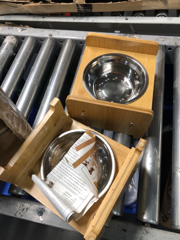 Photo 3 of ***DAMAGED - BENT - WON'T STAND UP STRAIGHT - SEE PICTURES***
FOREYY Set of 2 Raised Pet Bowls for Cats and Small Dogs - Bamboo Tilted Single Elevated Dog Cat Food and Water Bowls Stand Feeder with 3 Stainless Steel Bowls and Anti Slip Feet for Comfort Fe