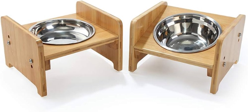 Photo 1 of ***DAMAGED - BENT - WON'T STAND UP STRAIGHT - SEE PICTURES***
FOREYY Set of 2 Raised Pet Bowls for Cats and Small Dogs - Bamboo Tilted Single Elevated Dog Cat Food and Water Bowls Stand Feeder with 3 Stainless Steel Bowls and Anti Slip Feet for Comfort Fe