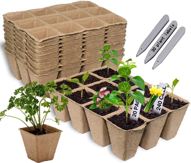 Photo 1 of **NON-REFUNDABLE BUNDLE OF 2** wyewye 20 PCS 240 Cells Plant Germination Trays with Plant Labels, Biodegradable and Compostable Peat Pots for Seed Starting, Vegetable, Herb, Flower Gardening., Camel 20P