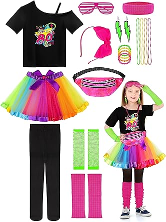 Photo 1 of 18 Pieces Girls 80s Costume Accessories Set Halloween Cosplay 1980s Party Kids 80s Outfit Clothes Costume Set