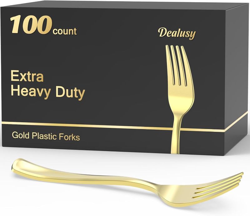 Photo 1 of 100 Count Heavy Duty Gold Plastic Forks Disposable, BPA-Free, Heat Resistant, Solid and Durable Gold Forks Disposable, Premium Plastic Gold Disposable Forks for Party Supply