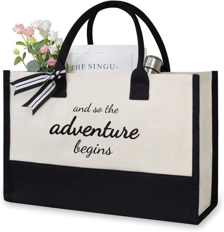 Photo 1 of TOPDesign Canvas Tote Bride Bag, Inspirational Bridal Shower, Bachelorette Party, Engagement Wedding Gifts, Congratulation Present for New Chapter-And So the Adventure Begins