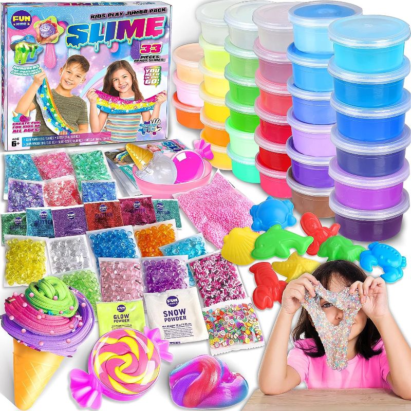 Photo 1 of (STOCK PHOTO FOR SAMPLE ONLY) - 33 Cups Jumbo Slime Kit for Kids, FunKidz Premade Ultimate Slime Pack to DIY Soft, Cloud, Clear, Butter, Glitter, Glow in Dark Slime Making Kits Super Slime Party Favors Gift Toys for Girls and Boys