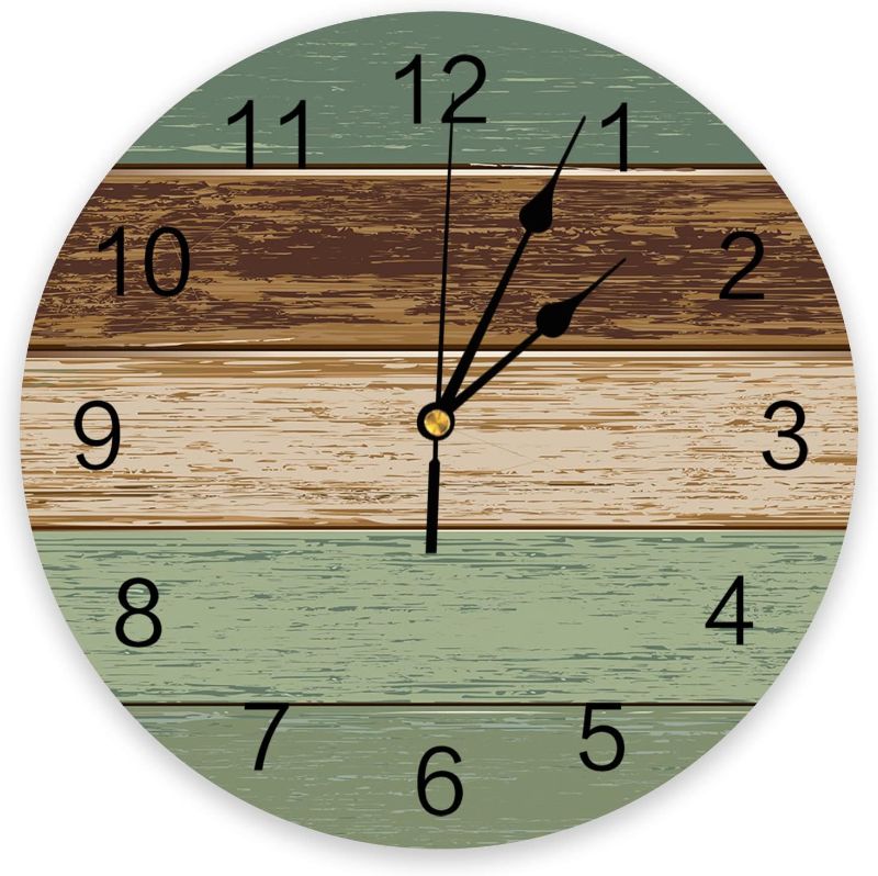 Photo 1 of 10 Inch Wall Clock Non-Ticking Silent Battery Operated Sage Green Retro Wood Grain Round PVC Wall Clock Decorative for Kitchen,Home,Bedroom,Living Room,Office