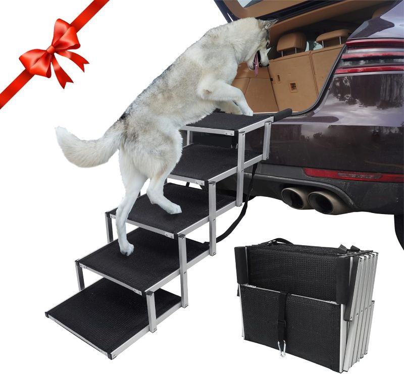 Photo 1 of (READ FULL POST)5 Steps Dog Ramps for Large Dogs Sturdy and Lightweight Dog Stair Aluminum Foldable Dog Ramp Ladder with Nonslip Surface (BLACK/GREY) 