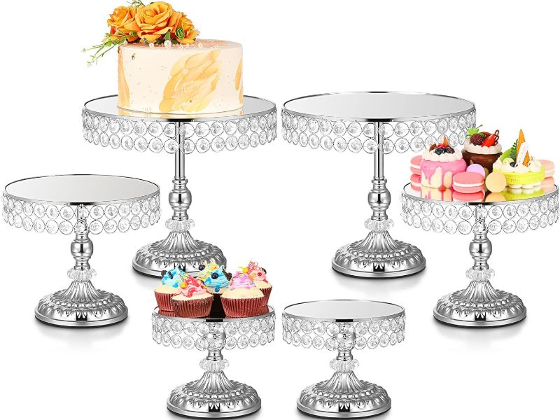 Photo 1 of Set of 6 Silver Cake Stands Round Metal Party Cake Stand Set with Crystal Edge Dessert Display Plate Cupcake Holder Stands for Wedding Party Birthday Baby Shower Anniversaries Celebration Home Decor