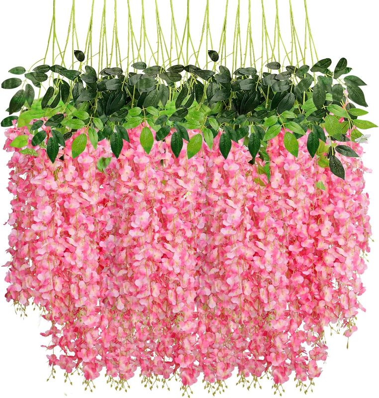 Photo 1 of CEWOR 18 Pack Wisteria Hanging Flowers 3.7 Feet Artificial Flowers Fake Wisteria Vine Hanging Garland Silk Flowers String for Valentines Day Decorations Wedding Home Greenery Wall Decor (Pink)