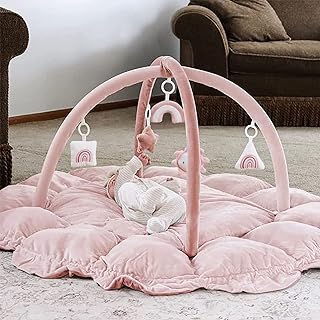 Photo 1 of 5-in-1 Thick & Plush Baby Play Gym, Baby Play Mats for Floor, Tummy Time Mat with 6 Toys, Cat Bed, Dog Bed, Convertible Stage-Based Developmental from Baby to Toddler, Ball Pit, Pet Cushion, Pink
